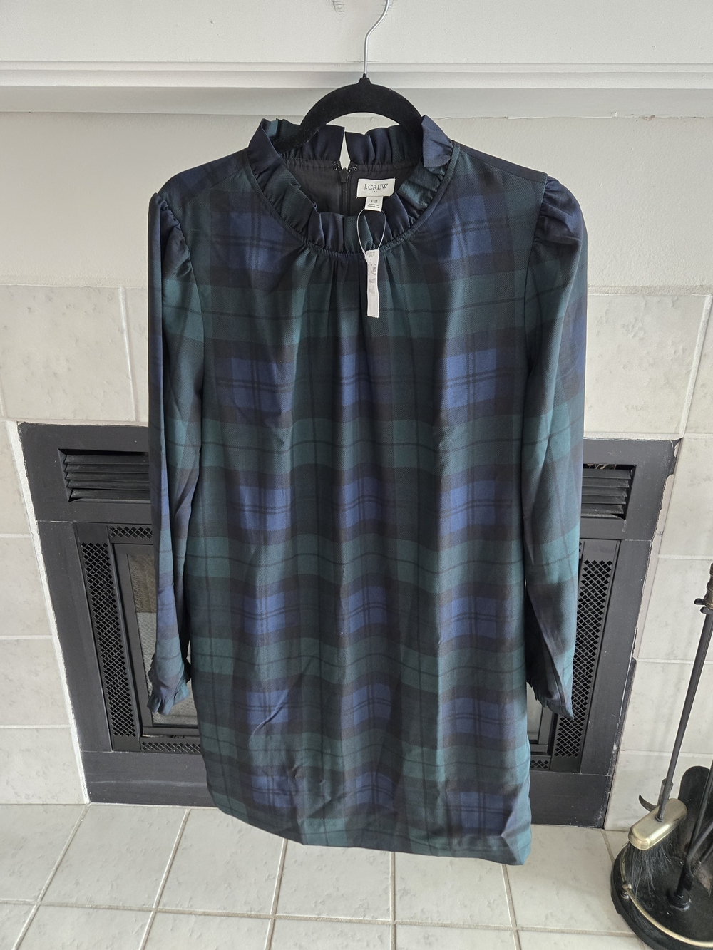 J. Crew Navy and Forest Green Plaid Ruffle Collar Long Sleeve Dress